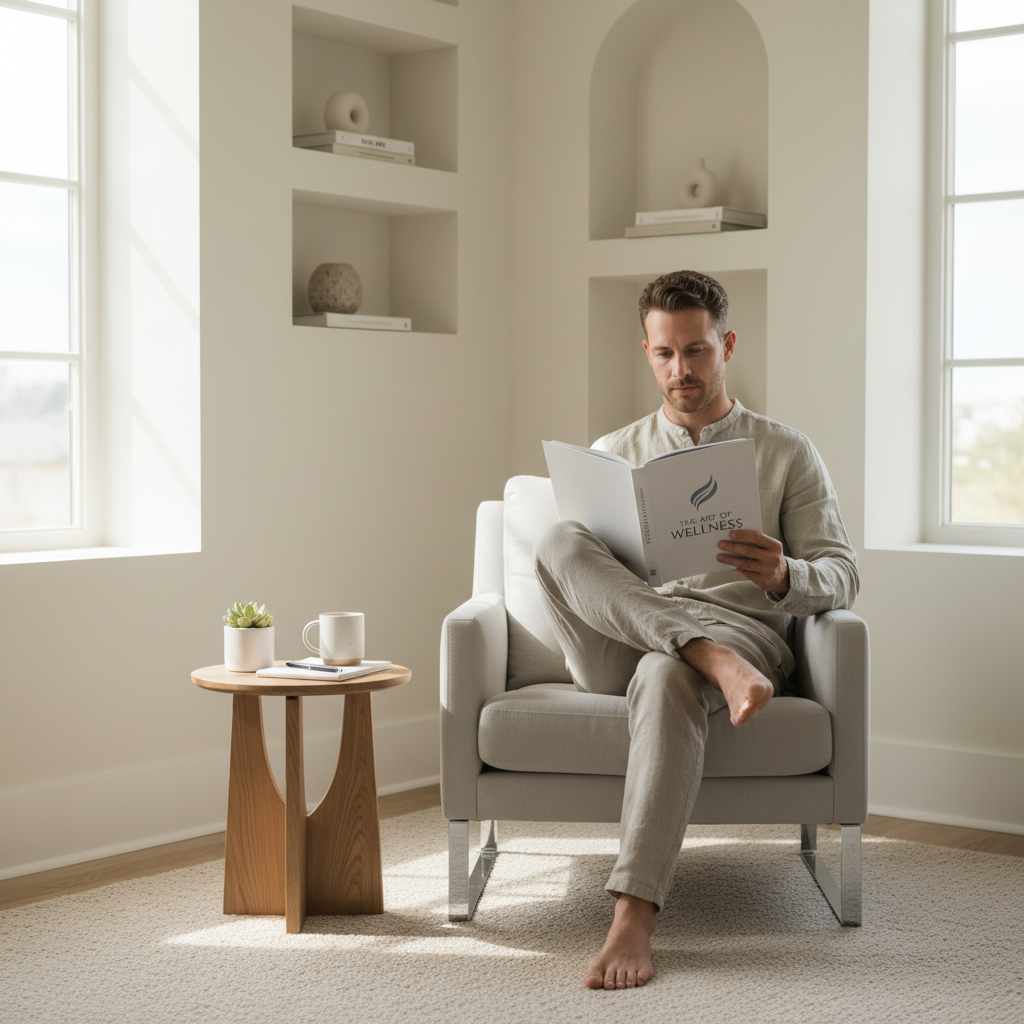 Homme assis dans un espace lumineux et organisé, lisant un livre sur le bien-être, environnement épuré et minimaliste évoquant la concentration et l'approfondissement des connaissances