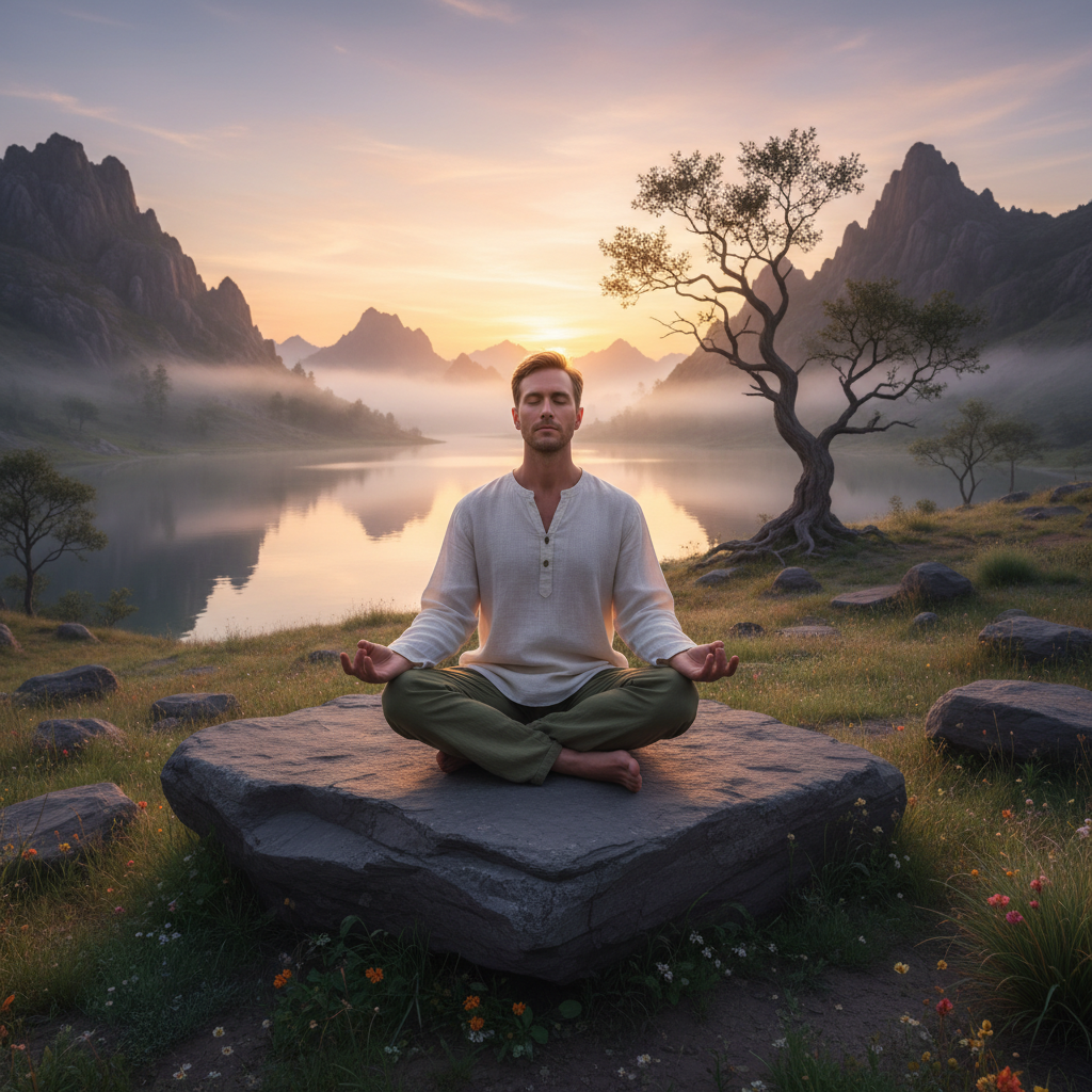 Homme en posture de méditation en plein air lors d'une séance d'entraînement matinal, lumière dorée du lever du soleil, expression sereine traduisant la concentration mentale et la pleine conscience