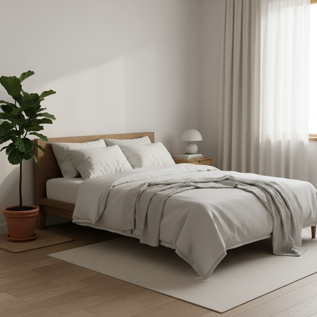 Chambre épurée et calme baignée de lumière matinale tamisée, literie soignée sur un lit bien arrangé, plante verte près d'une fenêtre, évoquant un environnement propice au sommeil réparateur et à la récupération