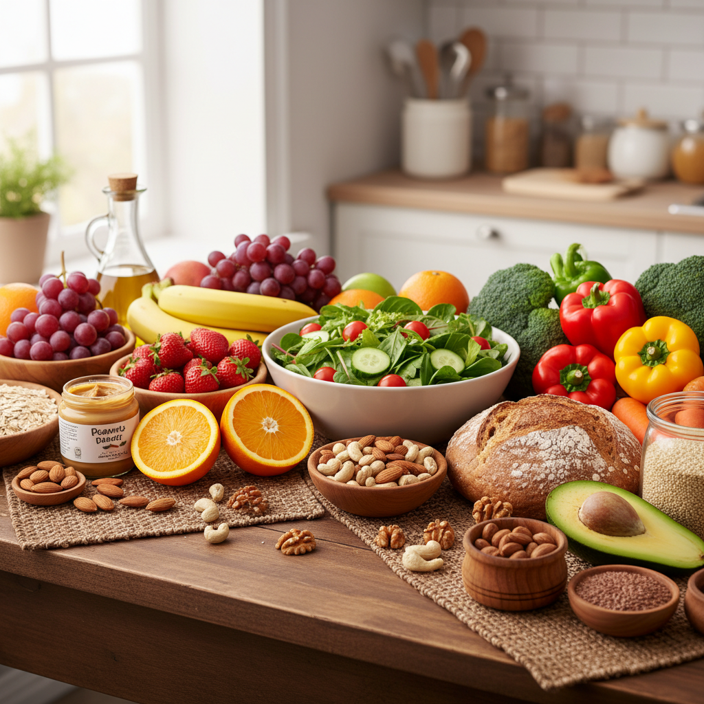 Assortiment coloré de fruits frais et légumes variés présentés avec soin sur une surface naturelle en bois, évoquant la diversité et l'abondance d'une alimentation végétale équilibrée