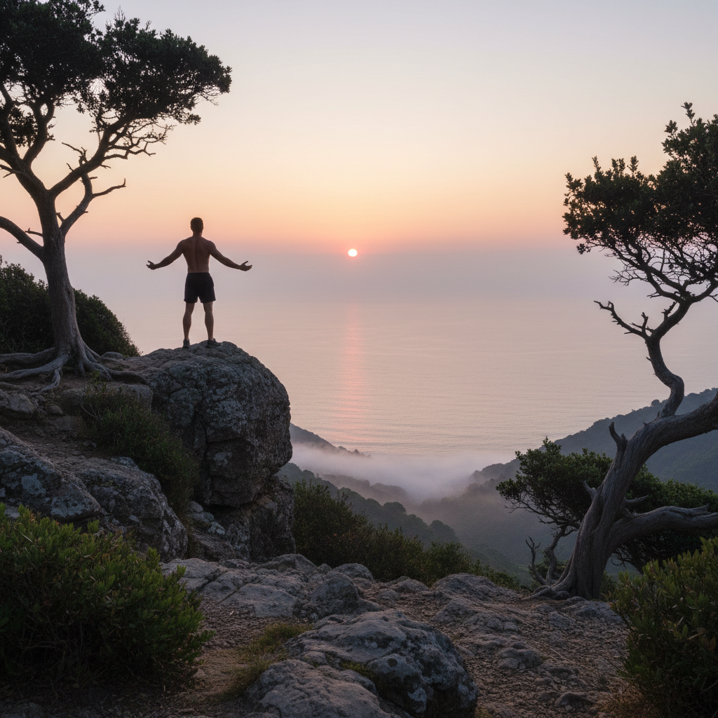Représentation visuelle équilibrée des piliers du bien-être masculin : silhouette masculine en harmonie avec son environnement naturel, lumière douce et apaisante, composition soignée évoquant l'équilibre physique et mental